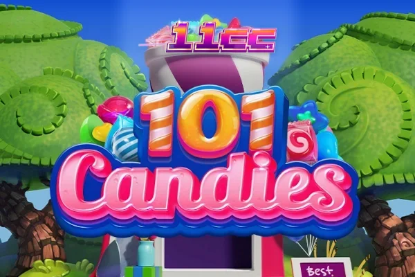 Interface colorida e vibrante do slot 101 Candies com doces espalhados